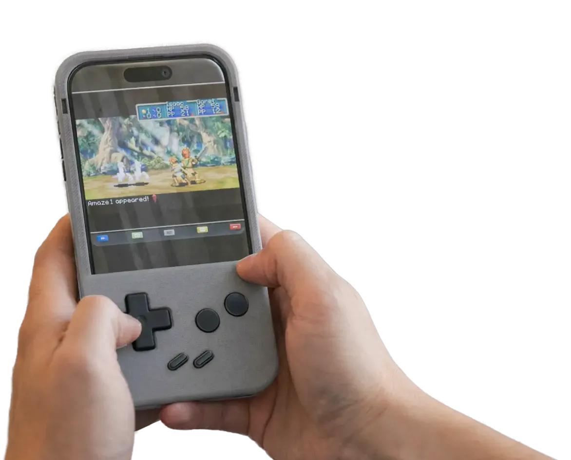 Hands holding a PlayCase, thumbs on the D-pad and buttons