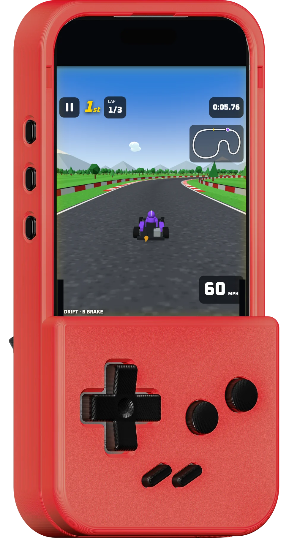 A red PlayCase on an iPhone, playing Acceleracing